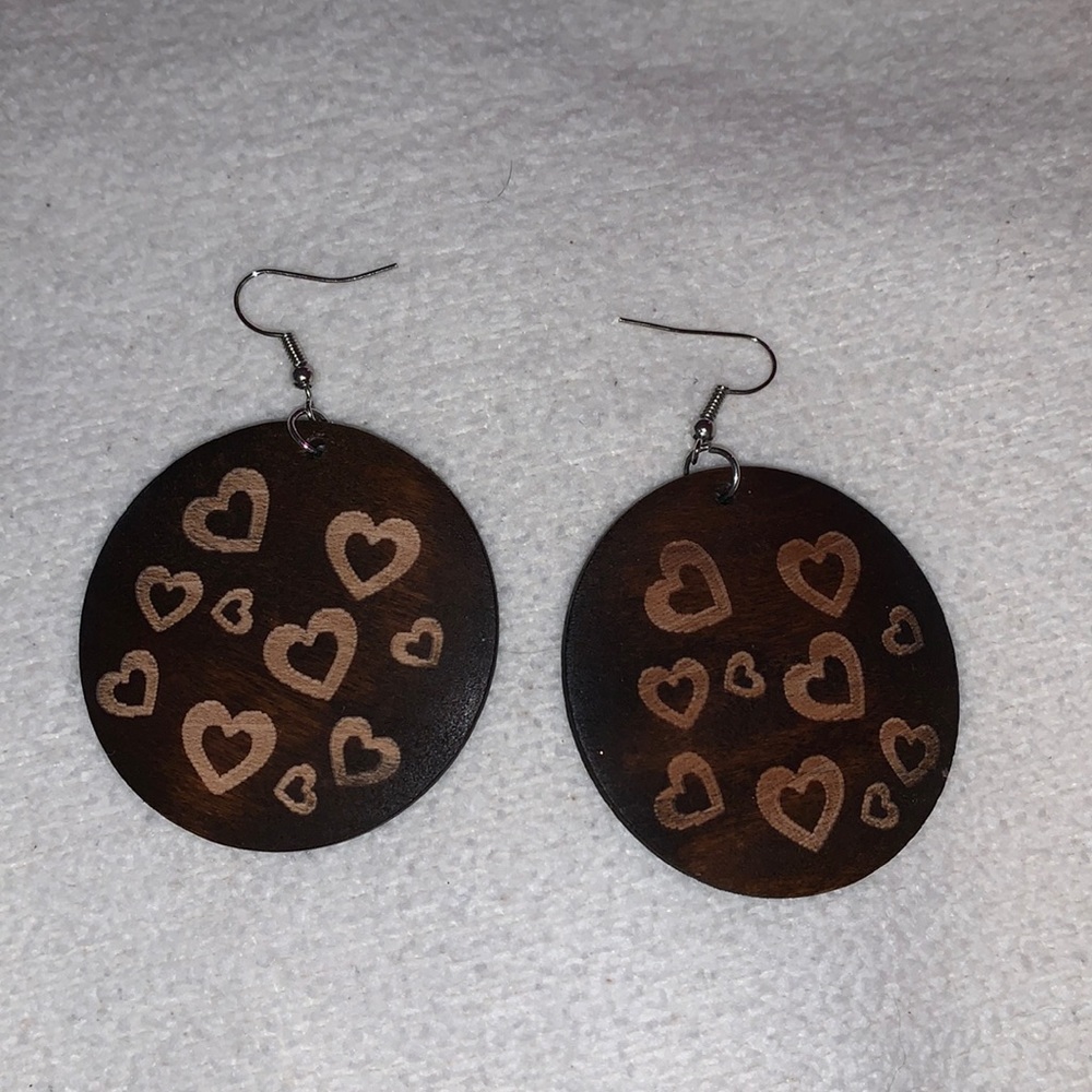Wooden heart engraved earrings